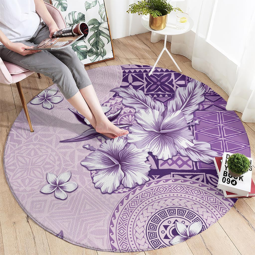 Hawaii Tapa Pattern With Violet Hibiscus Round Carpet LT05 - Polynesian Pride