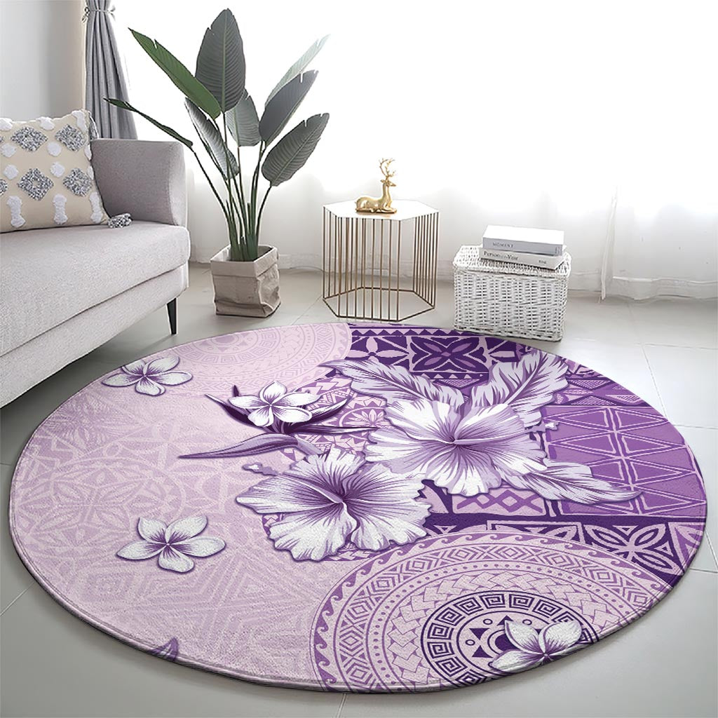 Hawaii Tapa Pattern With Violet Hibiscus Round Carpet LT05 - Polynesian Pride