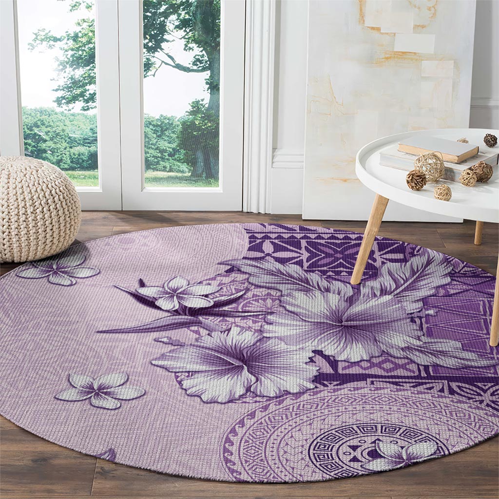 Hawaii Tapa Pattern With Violet Hibiscus Round Carpet LT05 - Polynesian Pride