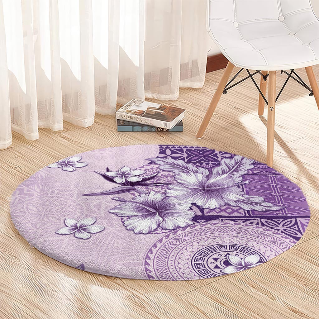 Hawaii Tapa Pattern With Violet Hibiscus Round Carpet LT05 - Polynesian Pride