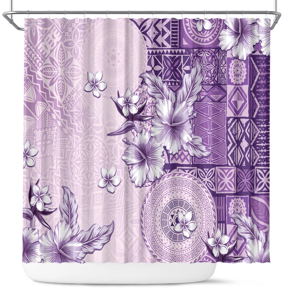 Hawaii Tapa Pattern With Violet Hibiscus Shower Curtain LT05 Violet - Polynesian Pride
