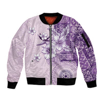 Hawaii Tapa Pattern With Violet Hibiscus Sleeve Zip Bomber Jacket