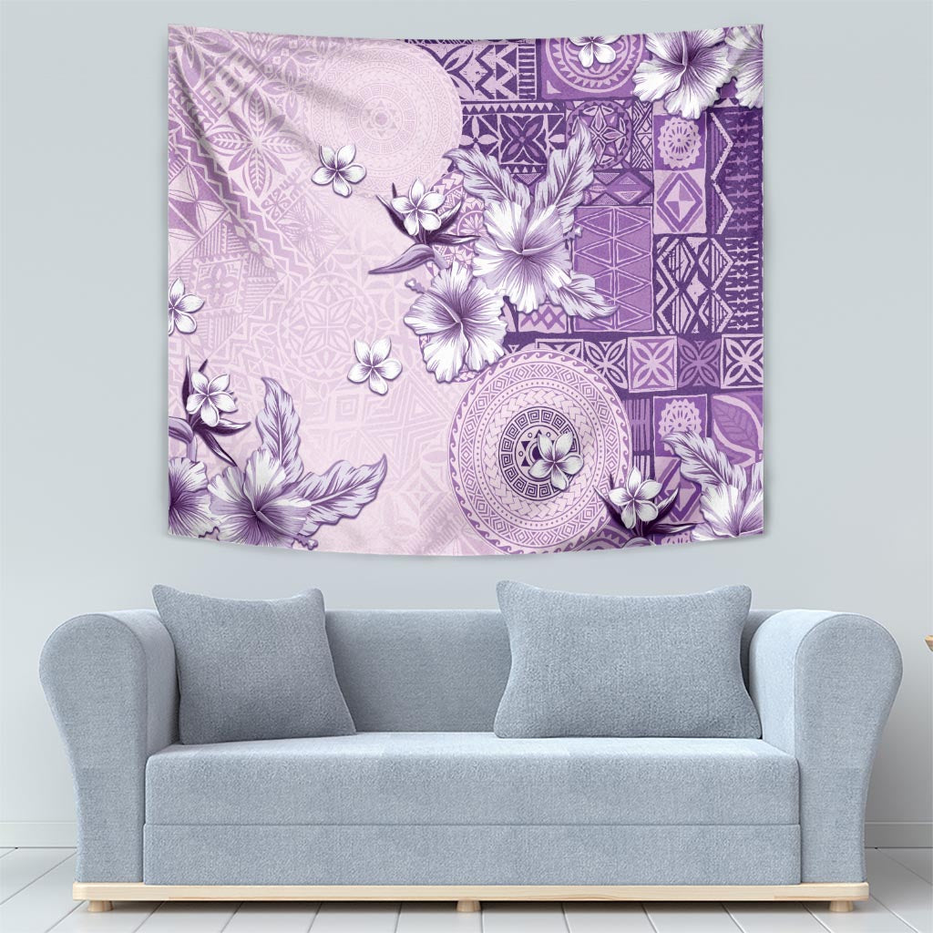 Hawaii Tapa Pattern With Violet Hibiscus Tapestry