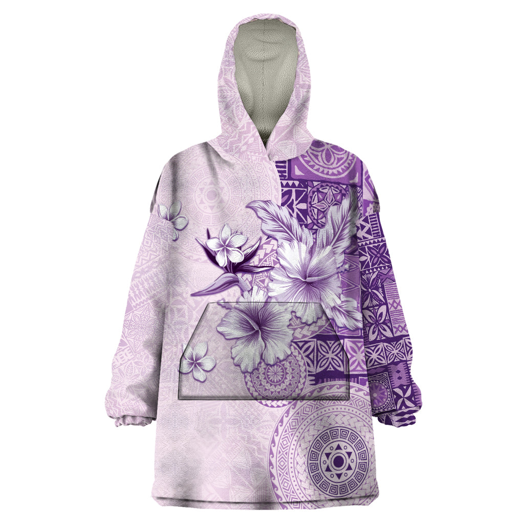 Hawaii Tapa Pattern With Violet Hibiscus Wearable Blanket Hoodie LT05 One Size Violet - Polynesian Pride