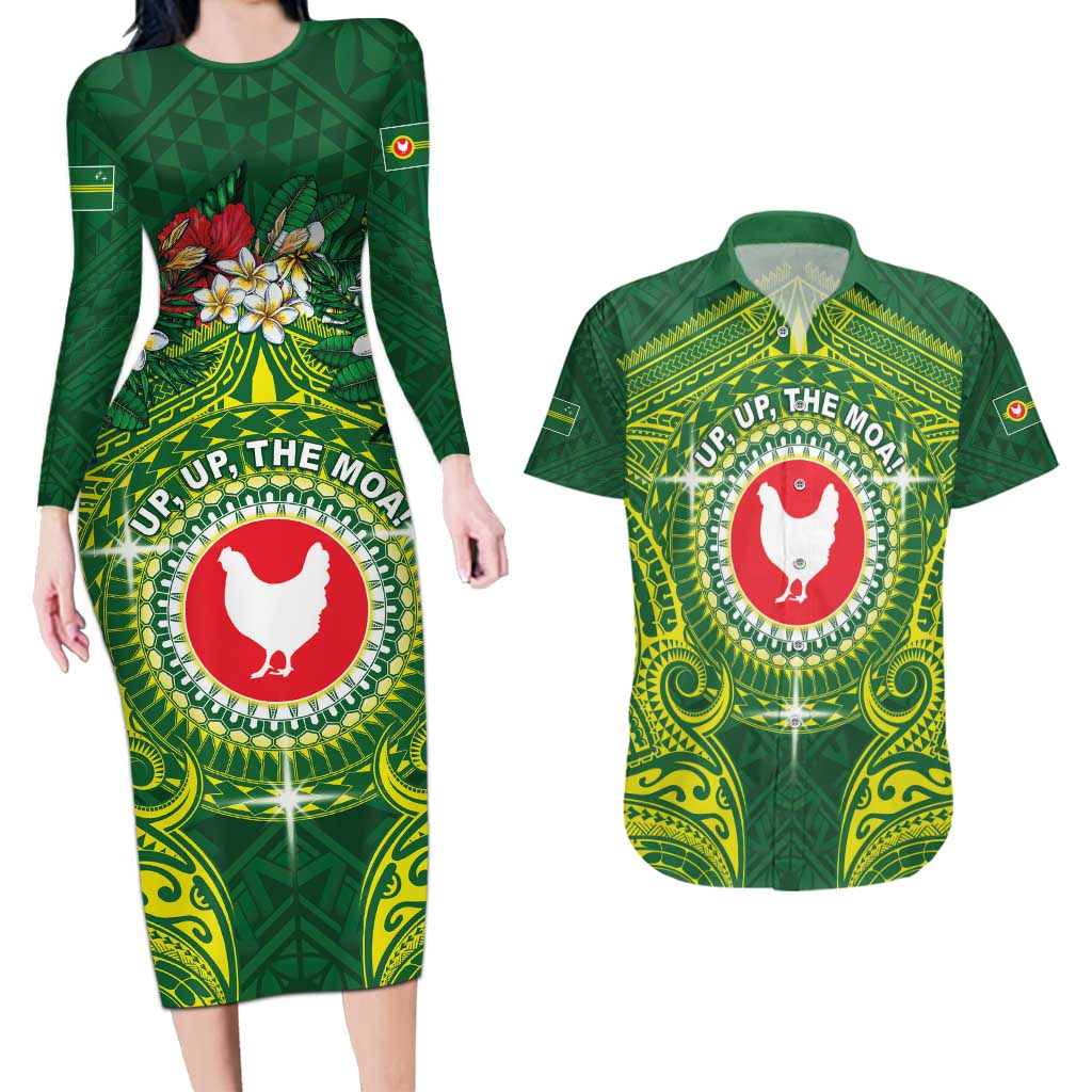Personalized American Samoa Manua Cession Day Couples Matching Long Sleeve Bodycon Dress and Hawaiian Shirt Up Up The Moa LT05 Green - Polynesian Pride