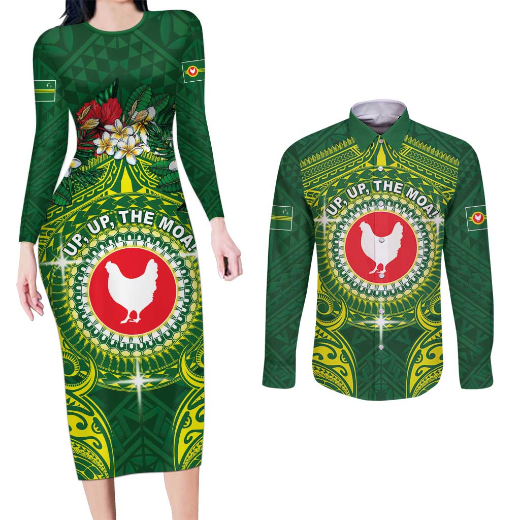 Personalized American Samoa Manua Cession Day Couples Matching Long Sleeve Bodycon Dress and Long Sleeve Button Shirt Up Up The Moa LT05 Green - Polynesian Pride