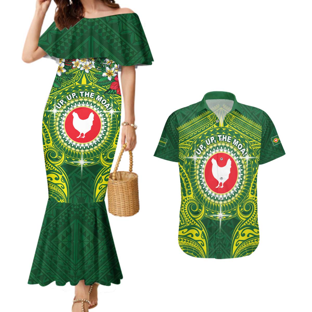 Personalized American Samoa Manua Cession Day Couples Matching Mermaid Dress and Hawaiian Shirt Up Up The Moa LT05 Green - Polynesian Pride