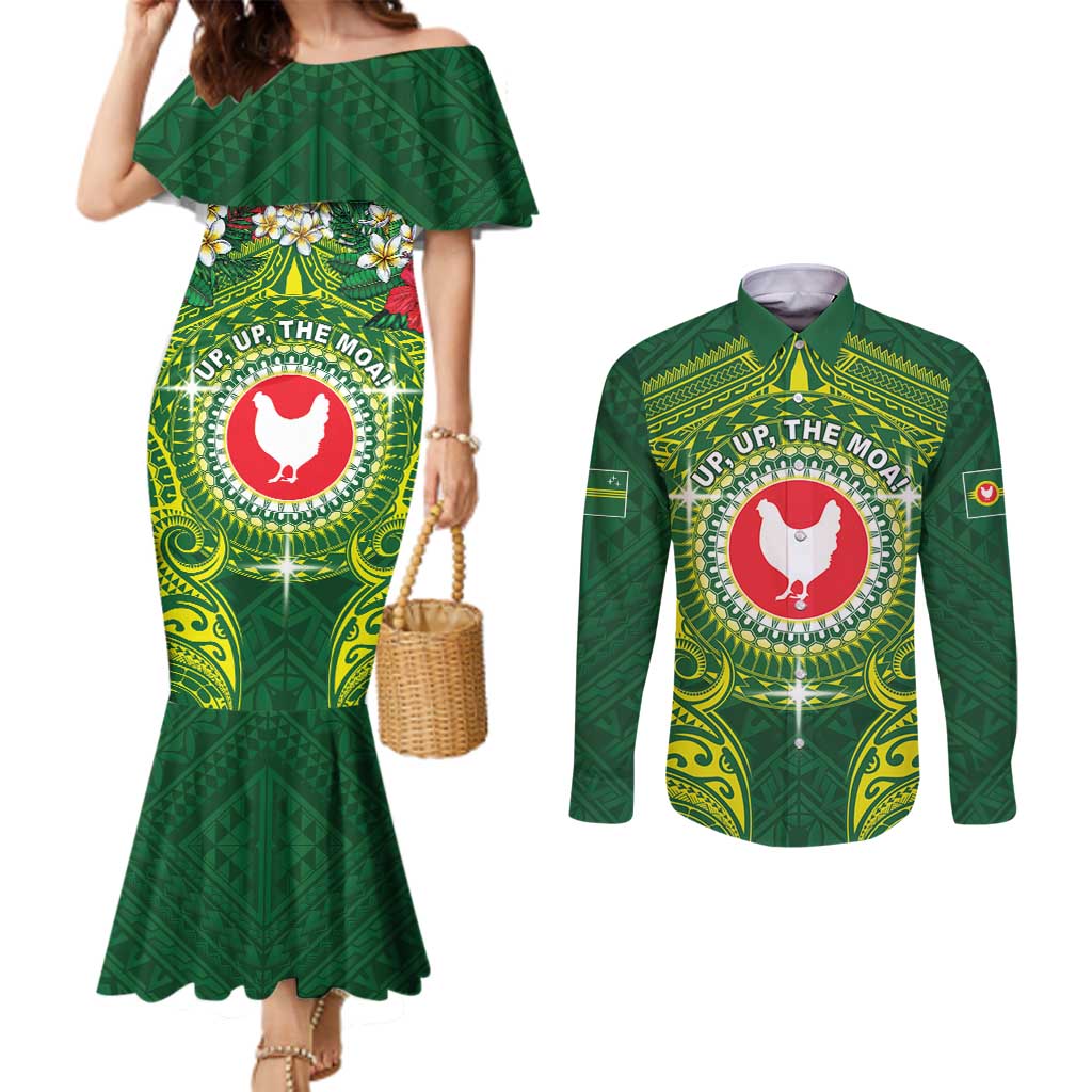 Personalized American Samoa Manua Cession Day Couples Matching Mermaid Dress and Long Sleeve Button Shirt Up Up The Moa LT05 Green - Polynesian Pride