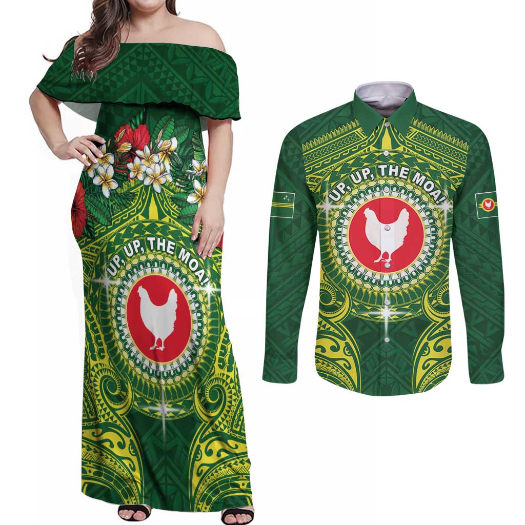 Personalized American Samoa Manua Cession Day Couples Matching Off Shoulder Maxi Dress and Long Sleeve Button Shirt Up Up The Moa LT05 Green - Polynesian Pride