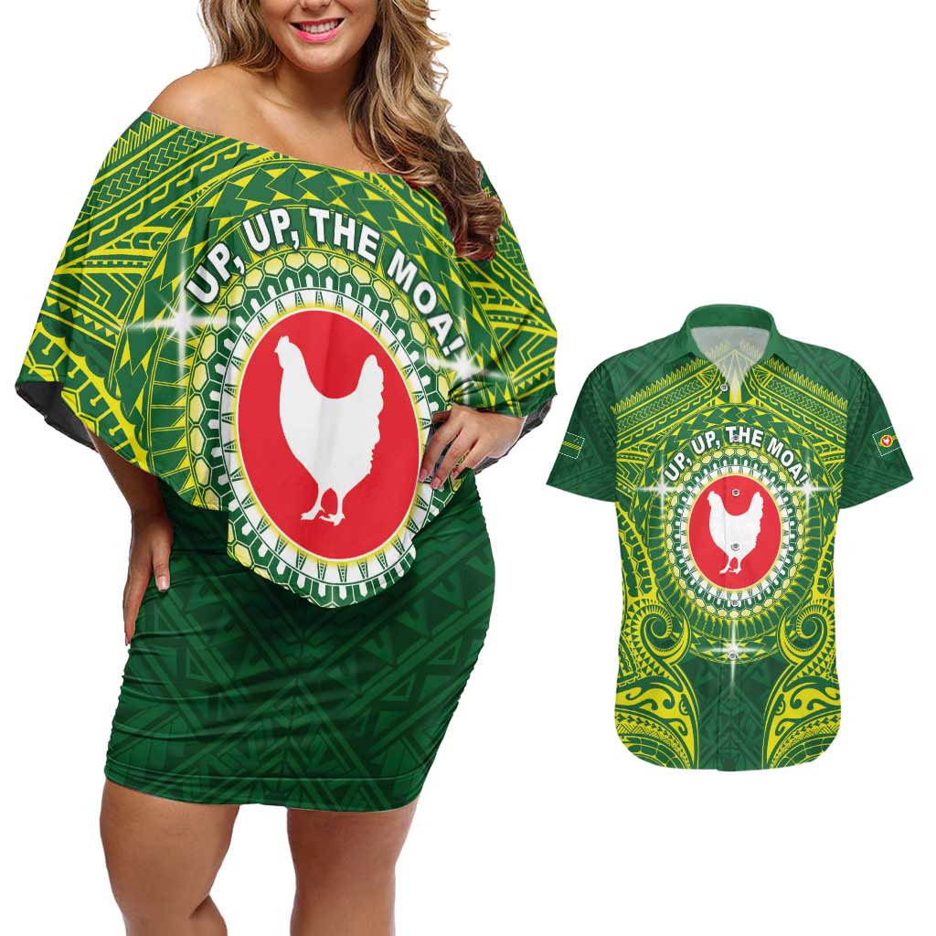 Personalized American Samoa Manua Cession Day Couples Matching Off Shoulder Short Dress and Hawaiian Shirt Up Up The Moa LT05 Green - Polynesian Pride