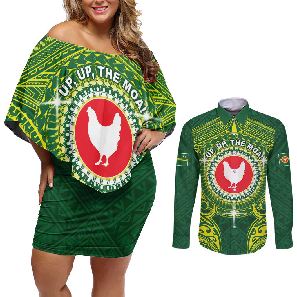 Personalized American Samoa Manua Cession Day Couples Matching Off Shoulder Short Dress and Long Sleeve Button Shirt Up Up The Moa LT05 Green - Polynesian Pride