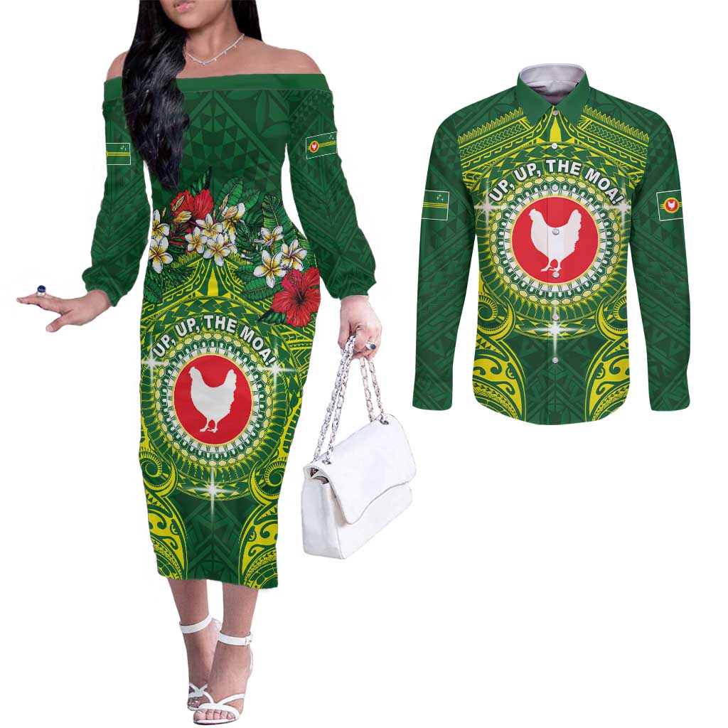 Personalized American Samoa Manua Cession Day Couples Matching Off The Shoulder Long Sleeve Dress and Long Sleeve Button Shirt Up Up The Moa LT05 Green - Polynesian Pride