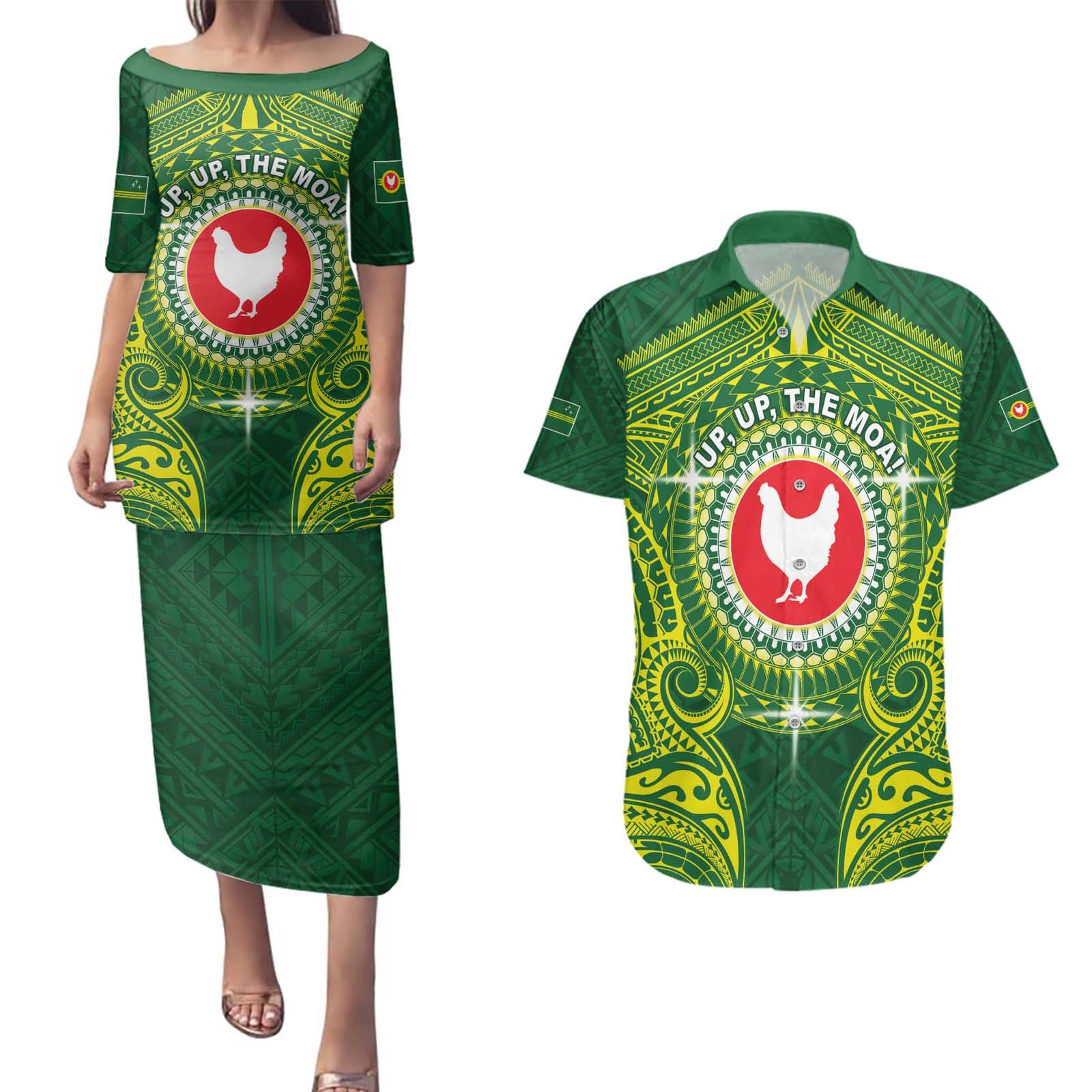 Personalized American Samoa Manua Cession Day Couples Matching Puletasi and Hawaiian Shirt Up Up The Moa LT05 Green - Polynesian Pride