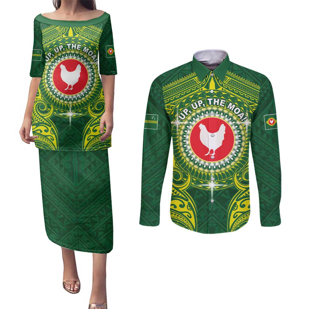 Personalized American Samoa Manua Cession Day Couples Matching Puletasi and Long Sleeve Button Shirt Up Up The Moa LT05 Green - Polynesian Pride