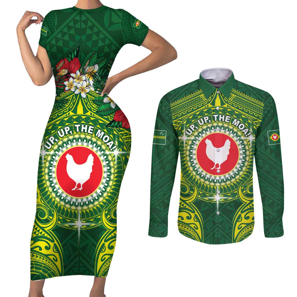 Personalized American Samoa Manua Cession Day Couples Matching Short Sleeve Bodycon Dress and Long Sleeve Button Shirt Up Up The Moa LT05 Green - Polynesian Pride