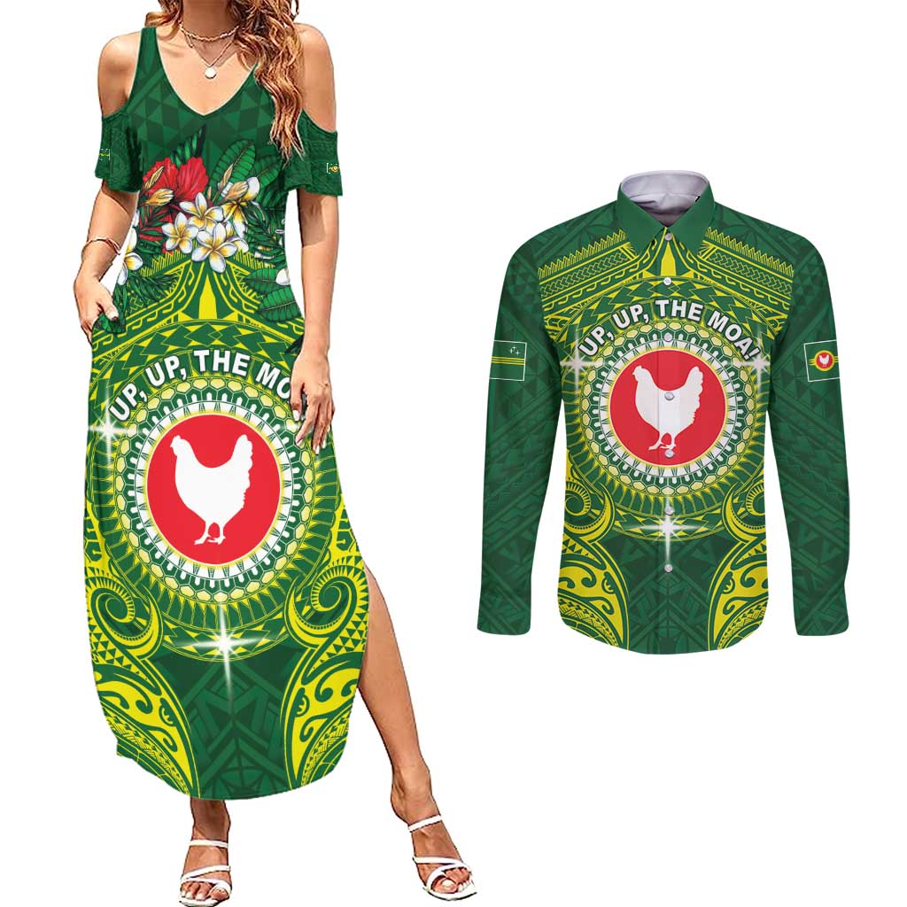 Personalized American Samoa Manua Cession Day Couples Matching Summer Maxi Dress and Long Sleeve Button Shirt Up Up The Moa LT05 Green - Polynesian Pride