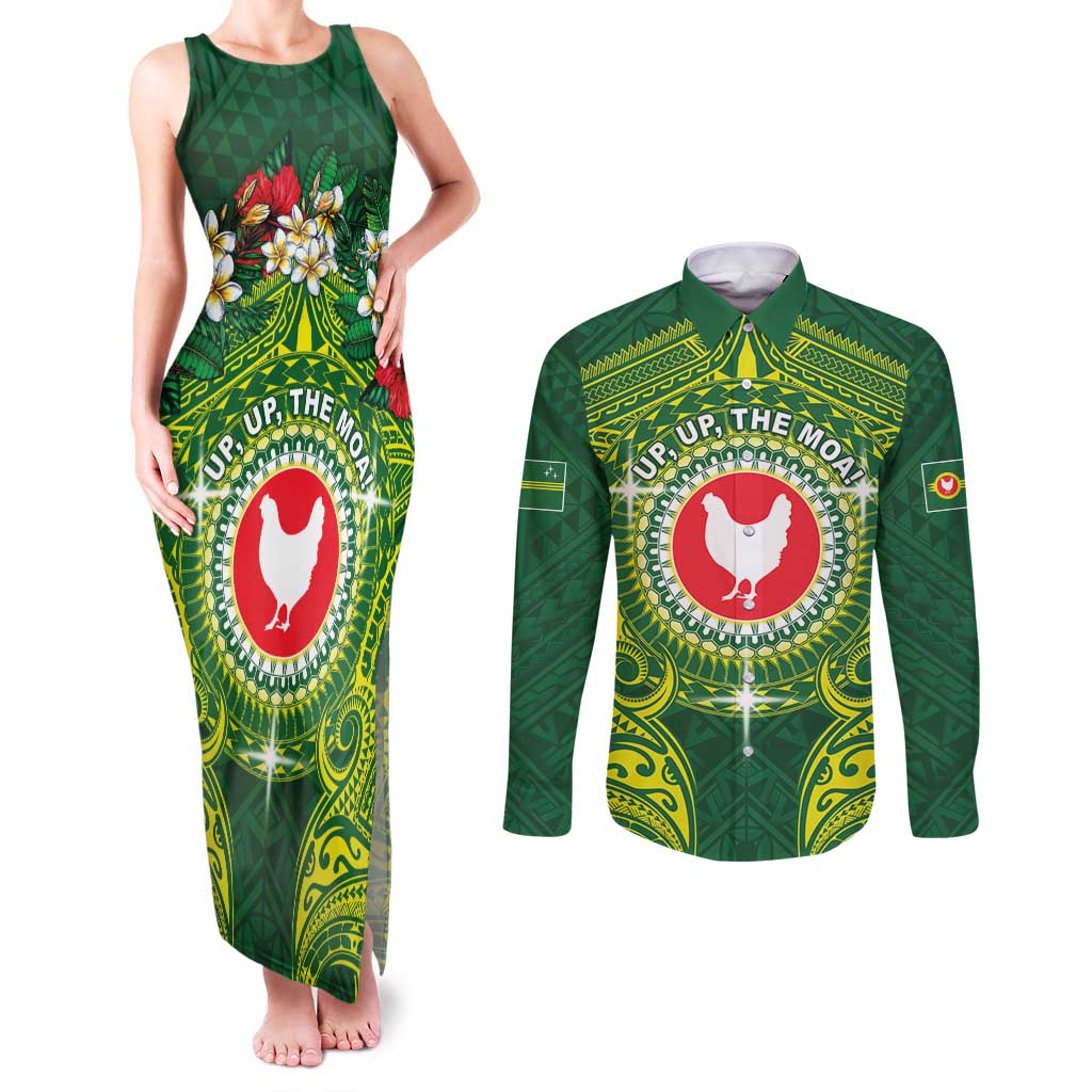 Personalized American Samoa Manua Cession Day Couples Matching Tank Maxi Dress and Long Sleeve Button Shirt Up Up The Moa LT05 Green - Polynesian Pride