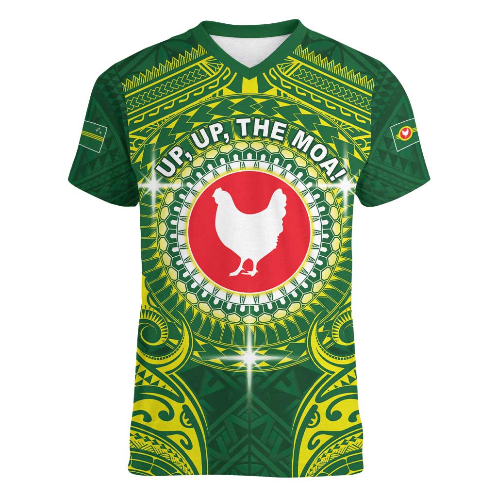 Personalized American Samoa Manua Cession Day Women V-Neck T-Shirt Up Up The Moa LT05 Female Green - Polynesian Pride