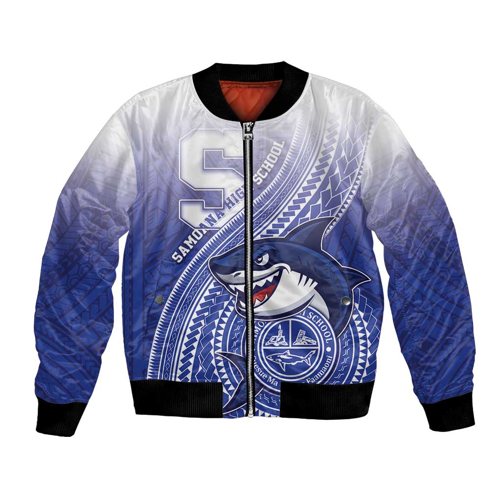 Personalized Samoana High School Bomber Jacket Polynesian Tribal Shark LT05 Unisex Blue - Polynesian Pride