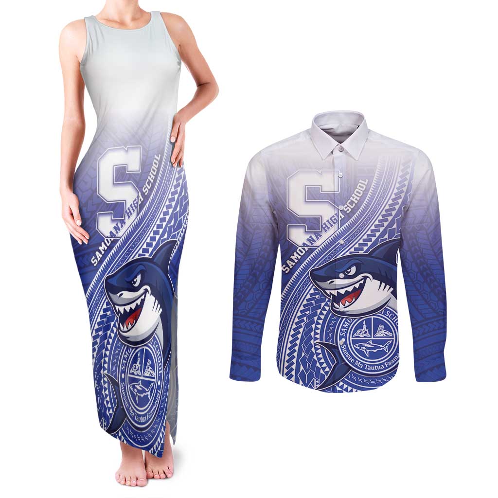 Personalized Samoana High School Couples Matching Tank Maxi Dress and Long Sleeve Button Shirt Polynesian Tribal Shark LT05 Blue - Polynesian Pride