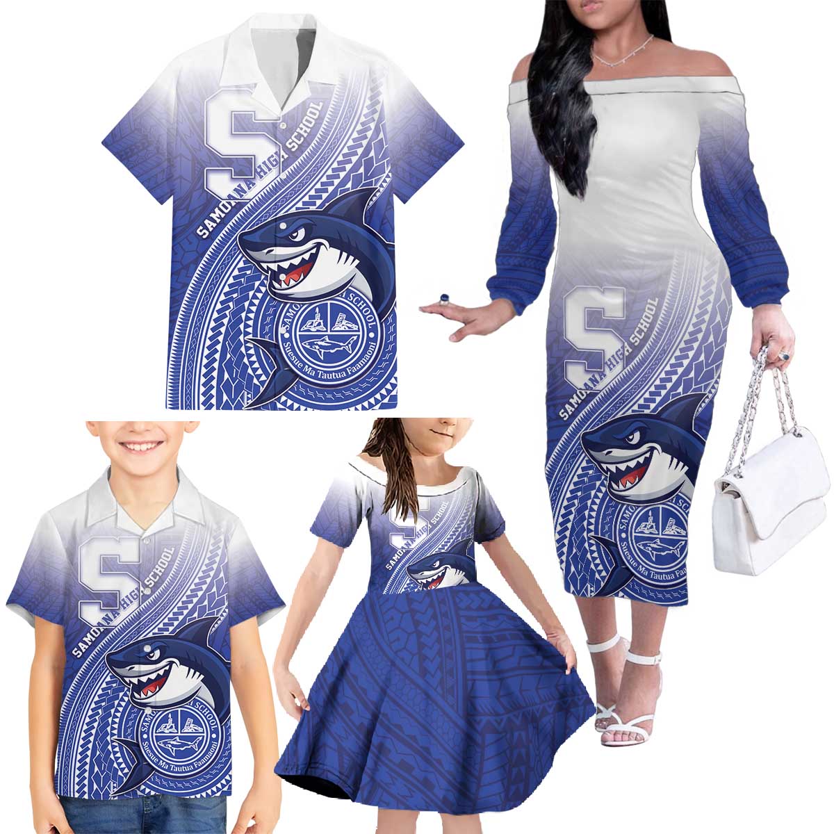 Personalized Samoana High School Family Matching Off The Shoulder Long Sleeve Dress and Hawaiian Shirt Polynesian Tribal Shark