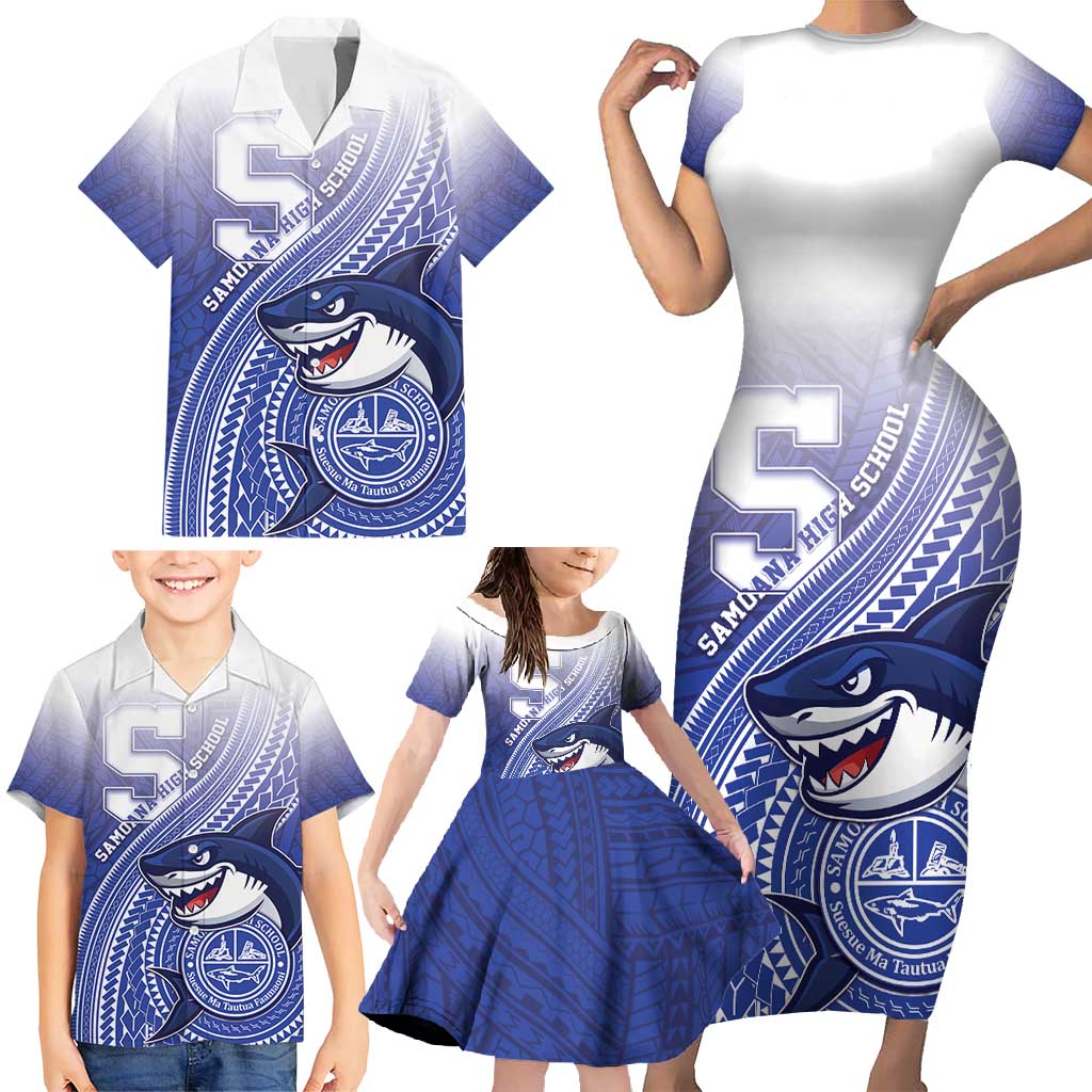 Personalized Samoana High School Family Matching Short Sleeve Bodycon Dress and Hawaiian Shirt Polynesian Tribal Shark