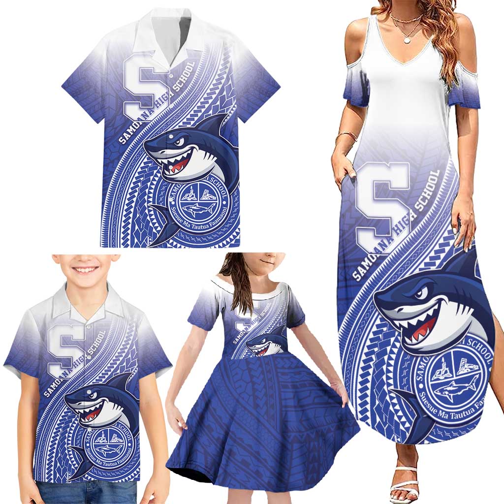 Personalized Samoana High School Family Matching Summer Maxi Dress and Hawaiian Shirt Polynesian Tribal Shark