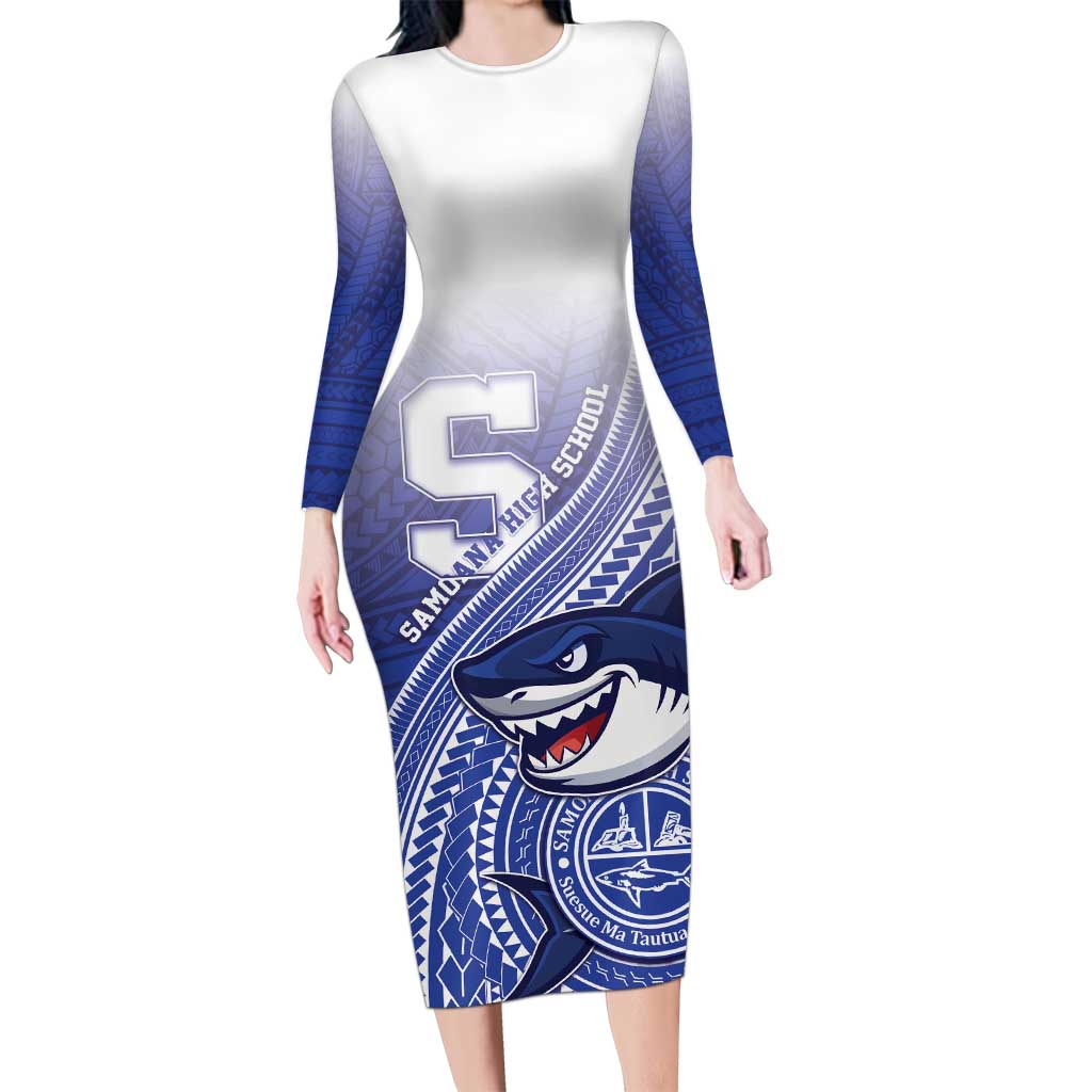 Personalized Samoana High School Long Sleeve Bodycon Dress Polynesian Tribal Shark