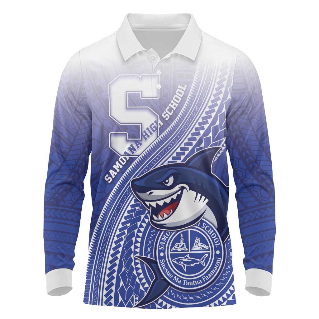 Personalized Samoana High School Long Sleeve Polo Shirt Polynesian Tribal Shark LT05 Blue - Polynesian Pride
