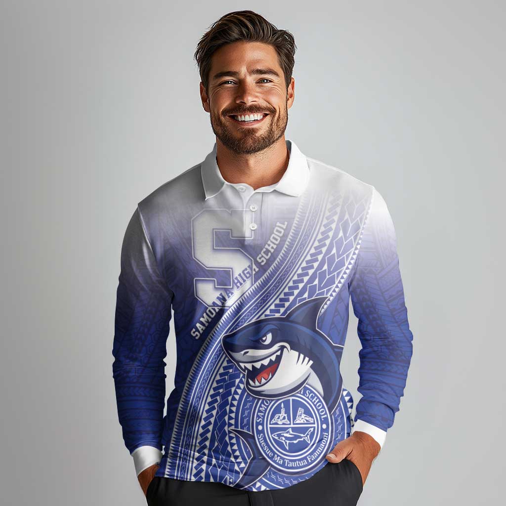 Personalized Samoana High School Long Sleeve Polo Shirt Polynesian Tribal Shark LT05 - Polynesian Pride