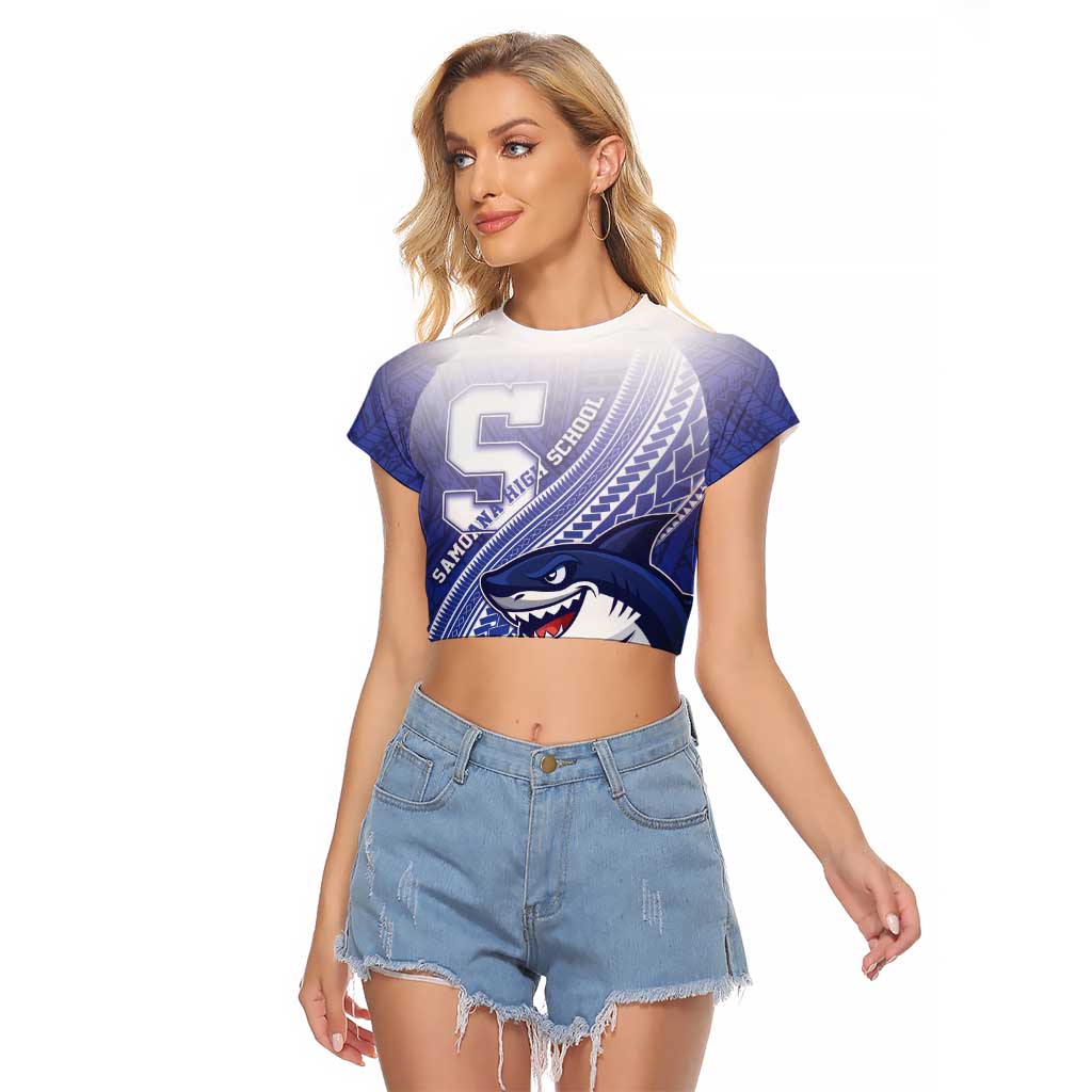 Personalized Samoana High School Raglan Cropped T Shirt Polynesian Tribal Shark LT05 Female Blue - Polynesian Pride