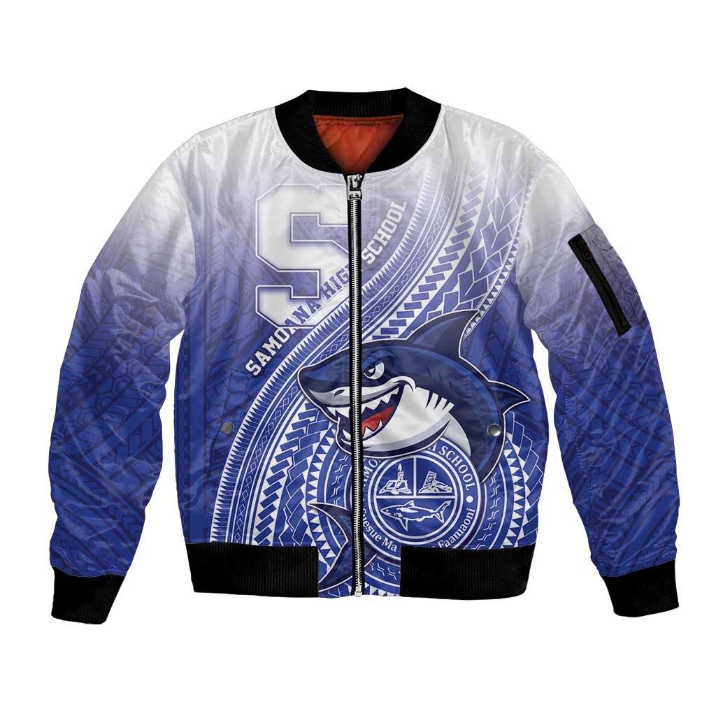Personalized Samoana High School Sleeve Zip Bomber Jacket Polynesian Tribal Shark LT05 Unisex Blue - Polynesian Pride