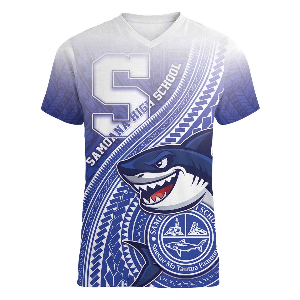 Personalized Samoana High School Women V-Neck T-Shirt Polynesian Tribal Shark LT05 Female Blue - Polynesian Pride