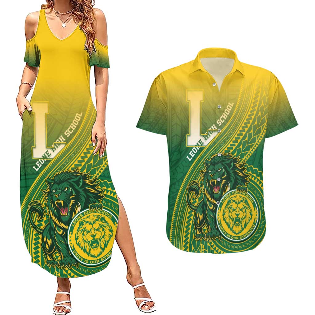 Personalized Leone High School Couples Matching Summer Maxi Dress and Hawaiian Shirt Leone Lion LT05 Green - Polynesian Pride