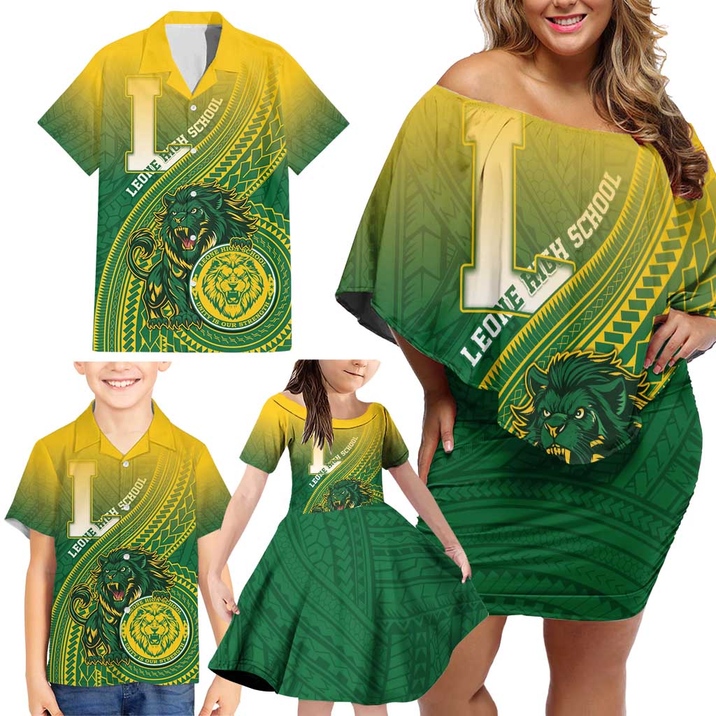 Personalized Leone High School Family Matching Off Shoulder Short Dress and Hawaiian Shirt Leone Lion