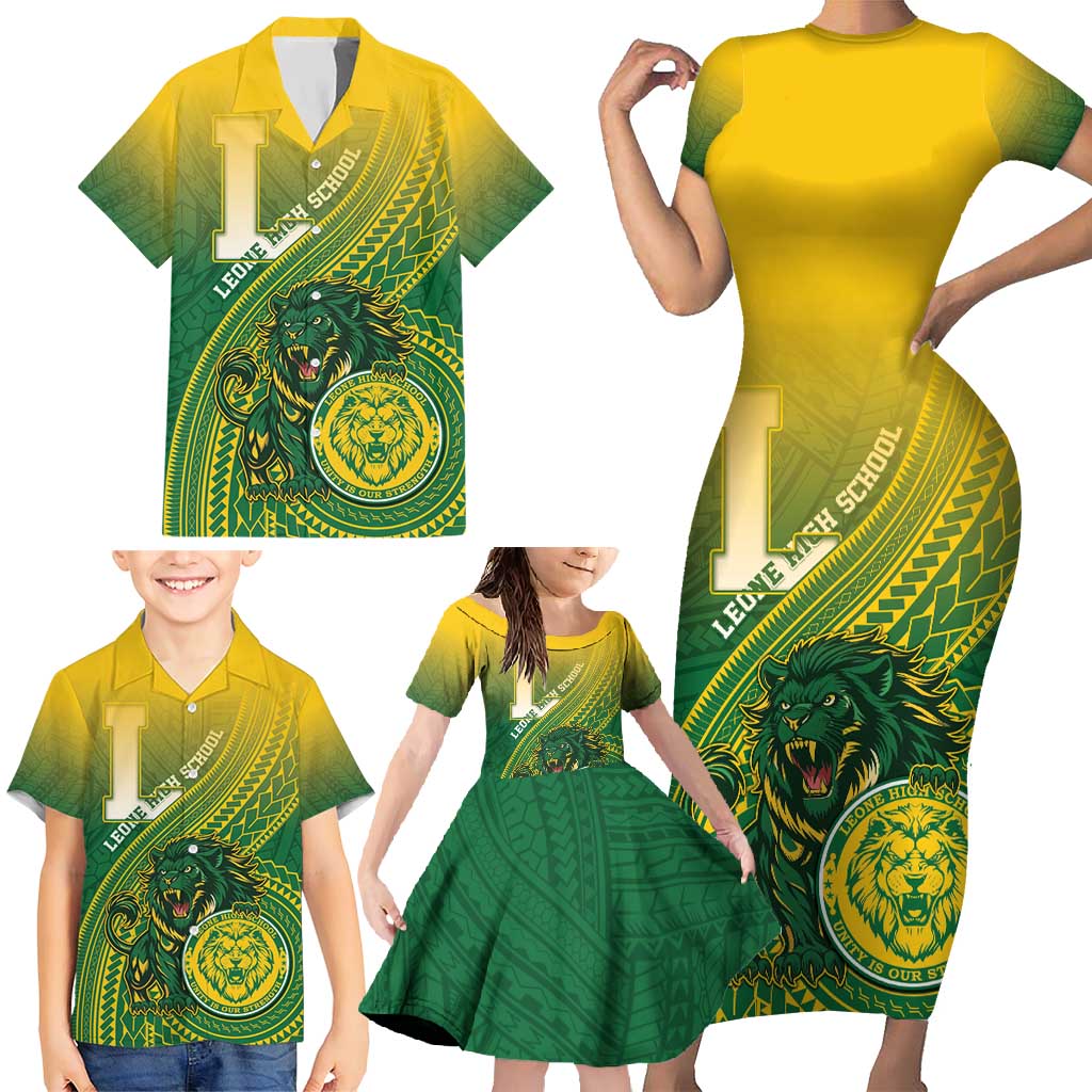 Personalized Leone High School Family Matching Short Sleeve Bodycon Dress and Hawaiian Shirt Leone Lion