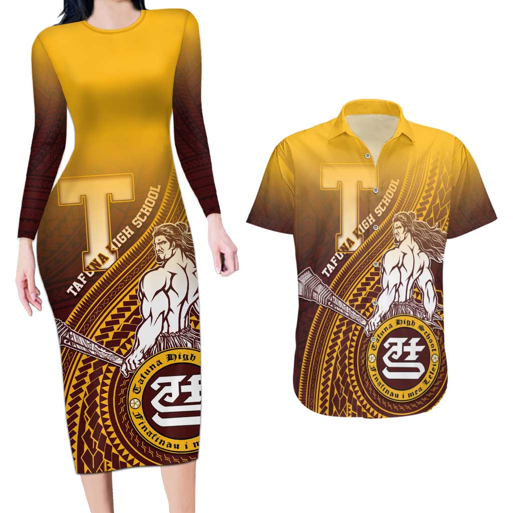 Personalized Tafuna High School Couples Matching Long Sleeve Bodycon Dress and Hawaiian Shirt Polynesian Warrior