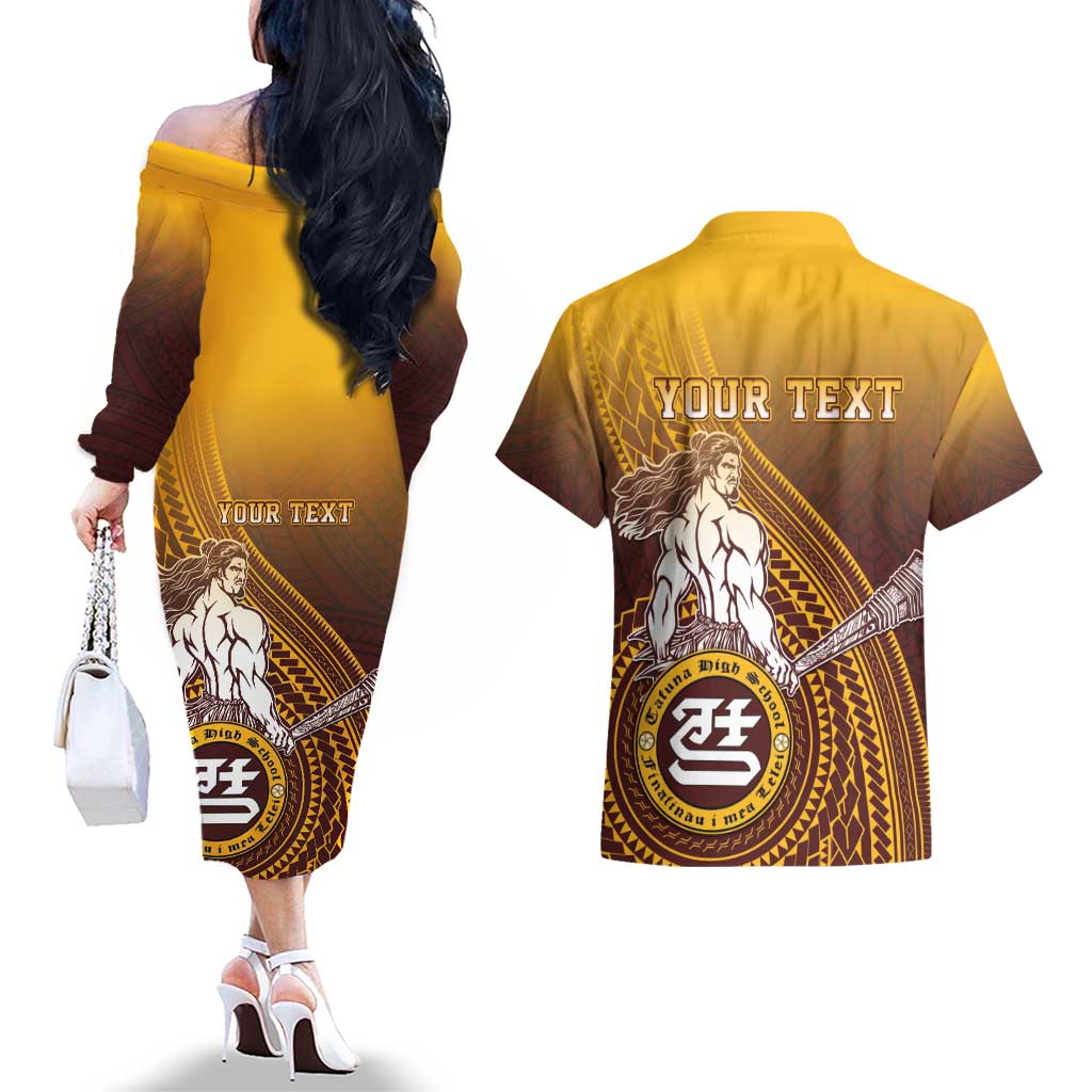 Personalized Tafuna High School Couples Matching Off The Shoulder Long Sleeve Dress and Hawaiian Shirt Polynesian Warrior