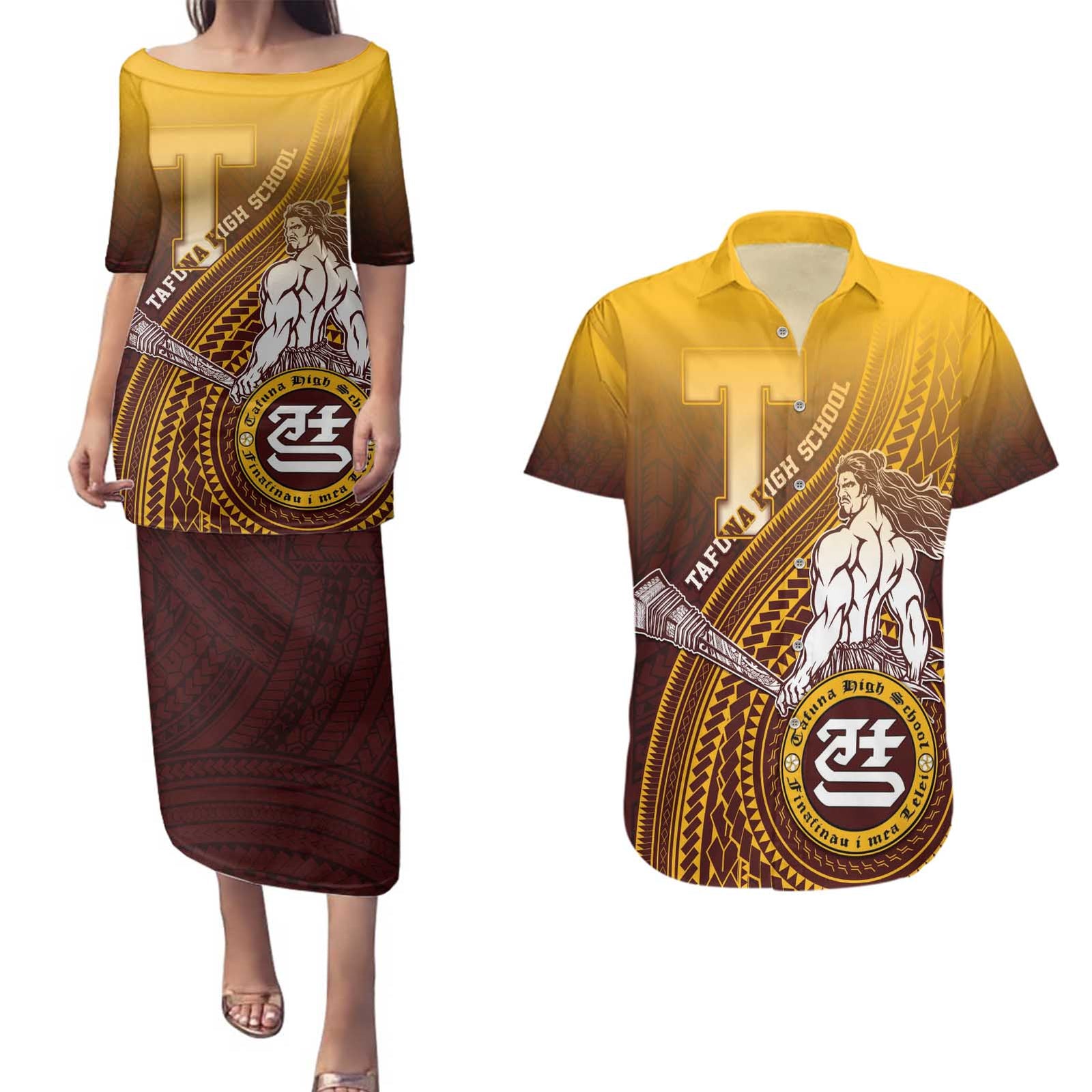Personalized Tafuna High School Couples Matching Puletasi and Hawaiian Shirt Polynesian Warrior