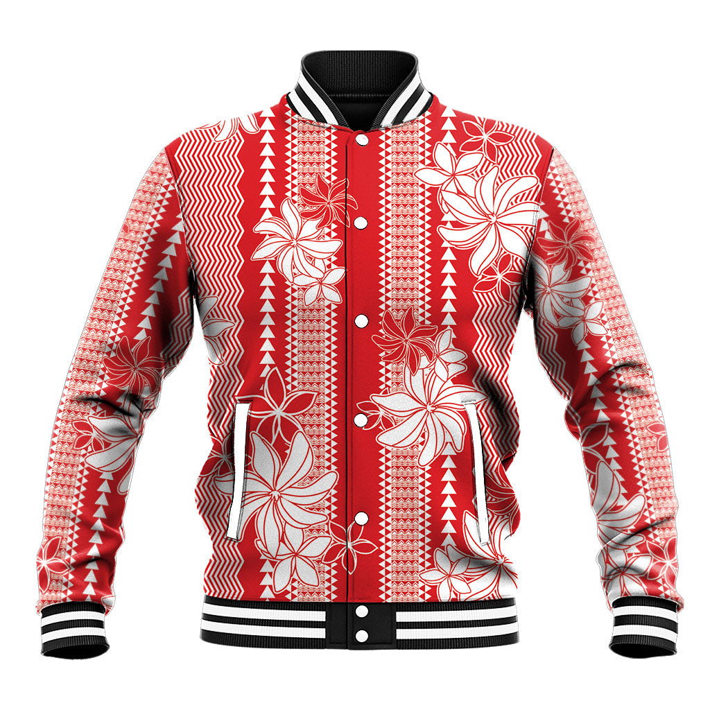 Hawaii Kakau Tribal Baseball Jacket With Red Tiare LT05 Unisex Red - Polynesian Pride