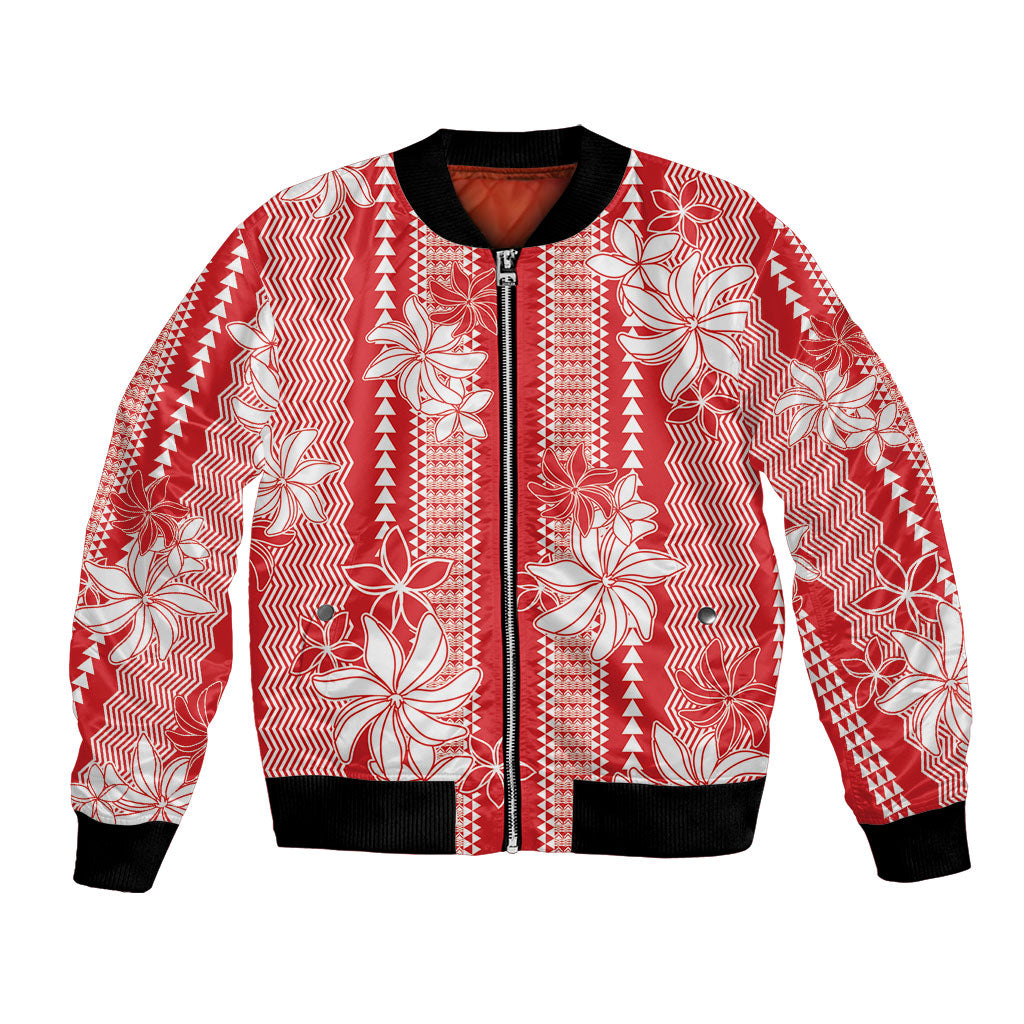 Hawaii Kakau Tribal Bomber Jacket With Red Tiare