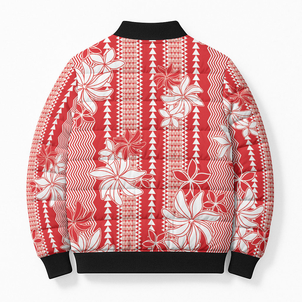 Hawaii Kakau Tribal Bomber Puffer Jacket With Red Tiare