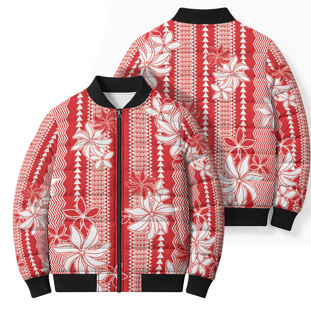 Hawaii Kakau Tribal Bomber Puffer Jacket With Red Tiare