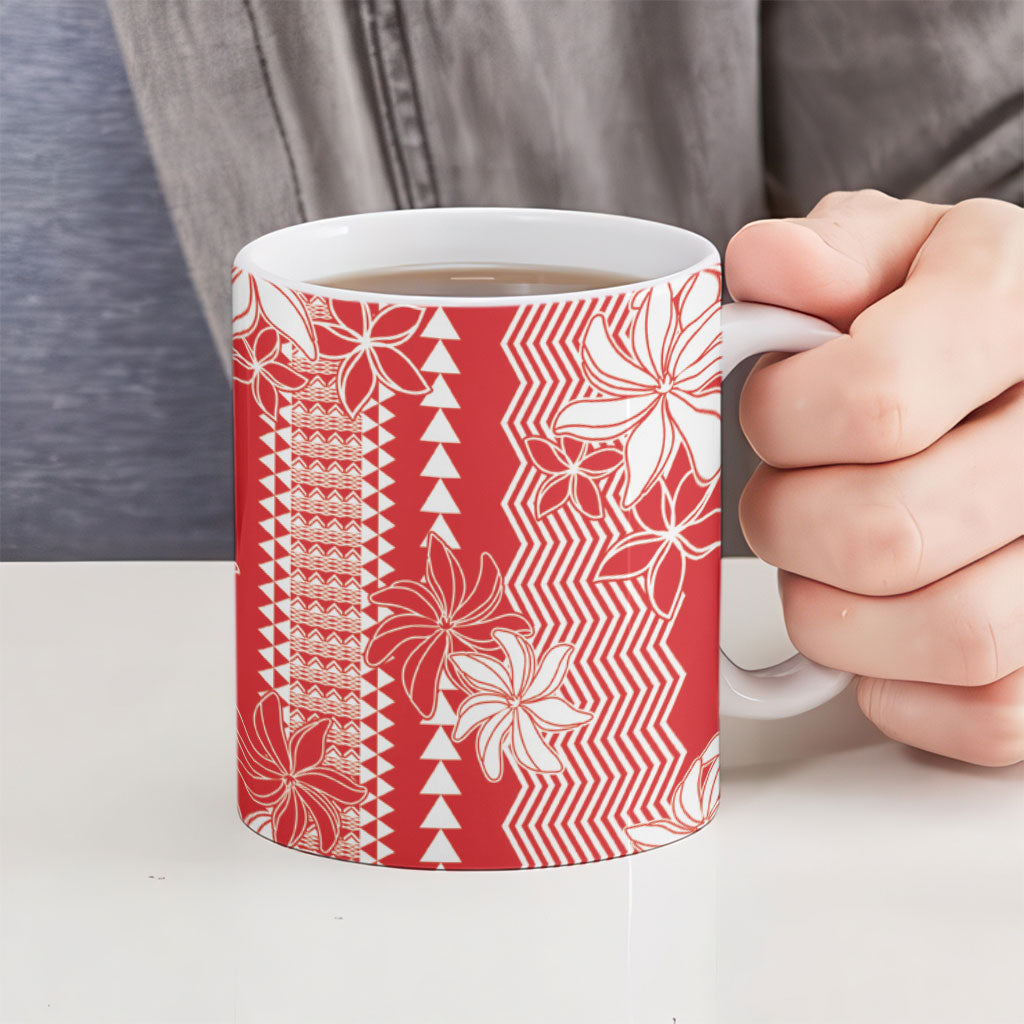 Hawaii Kakau Tribal Ceramic Mug With Red Tiare