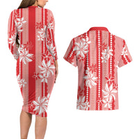 Hawaii Kakau Tribal Couples Matching Long Sleeve Bodycon Dress and Hawaiian Shirt With Red Tiare