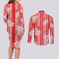 Hawaii Kakau Tribal Couples Matching Long Sleeve Bodycon Dress and Long Sleeve Button Shirt With Red Tiare