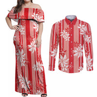Hawaii Kakau Tribal Couples Matching Off Shoulder Maxi Dress and Long Sleeve Button Shirt With Red Tiare