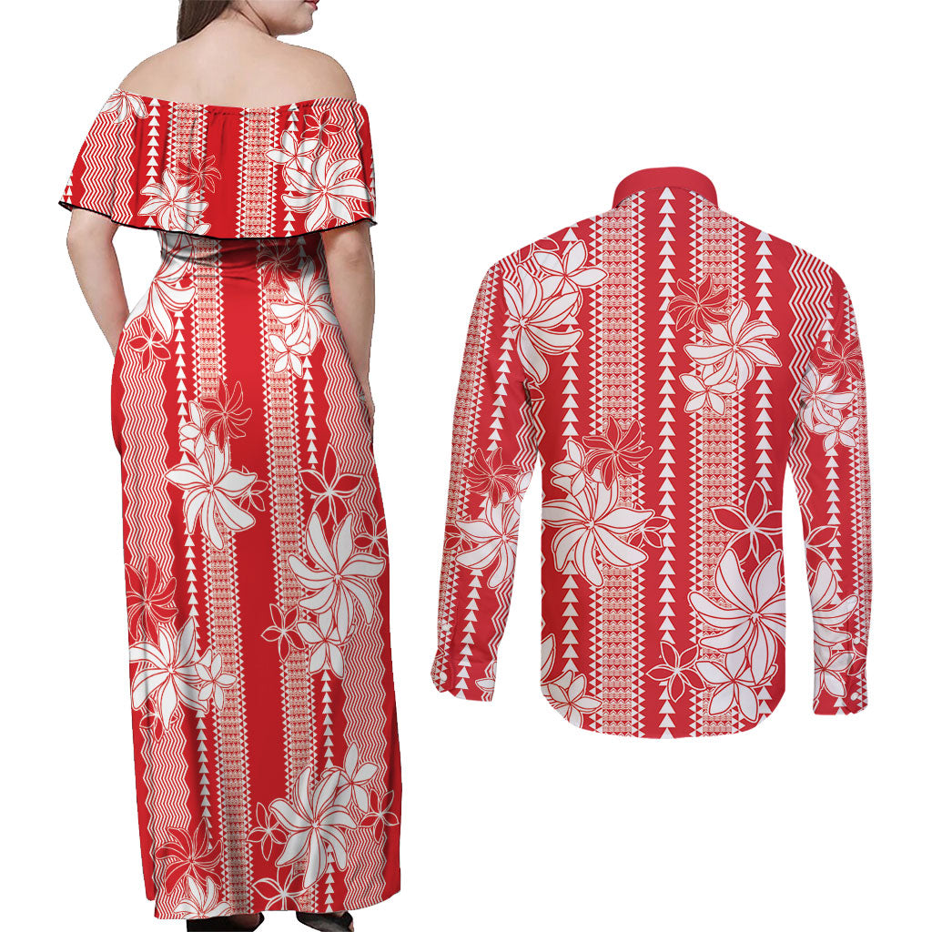 Hawaii Kakau Tribal Couples Matching Off Shoulder Maxi Dress and Long Sleeve Button Shirt With Red Tiare