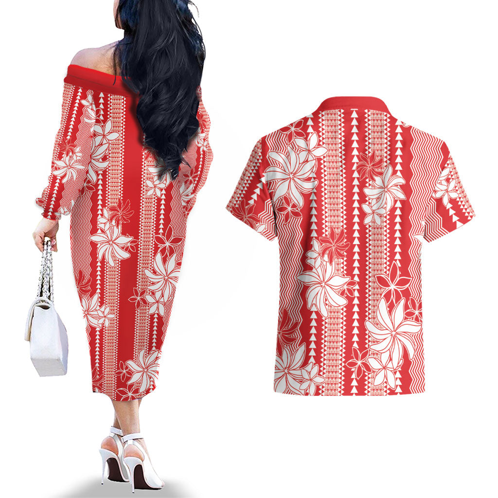 Hawaii Kakau Tribal Couples Matching Off The Shoulder Long Sleeve Dress and Hawaiian Shirt With Red Tiare