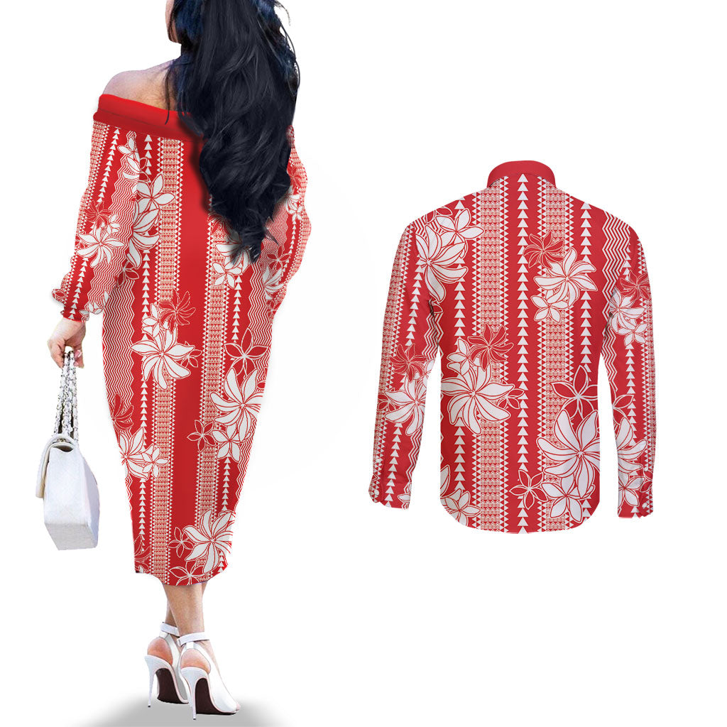Hawaii Kakau Tribal Couples Matching Off The Shoulder Long Sleeve Dress and Long Sleeve Button Shirt With Red Tiare